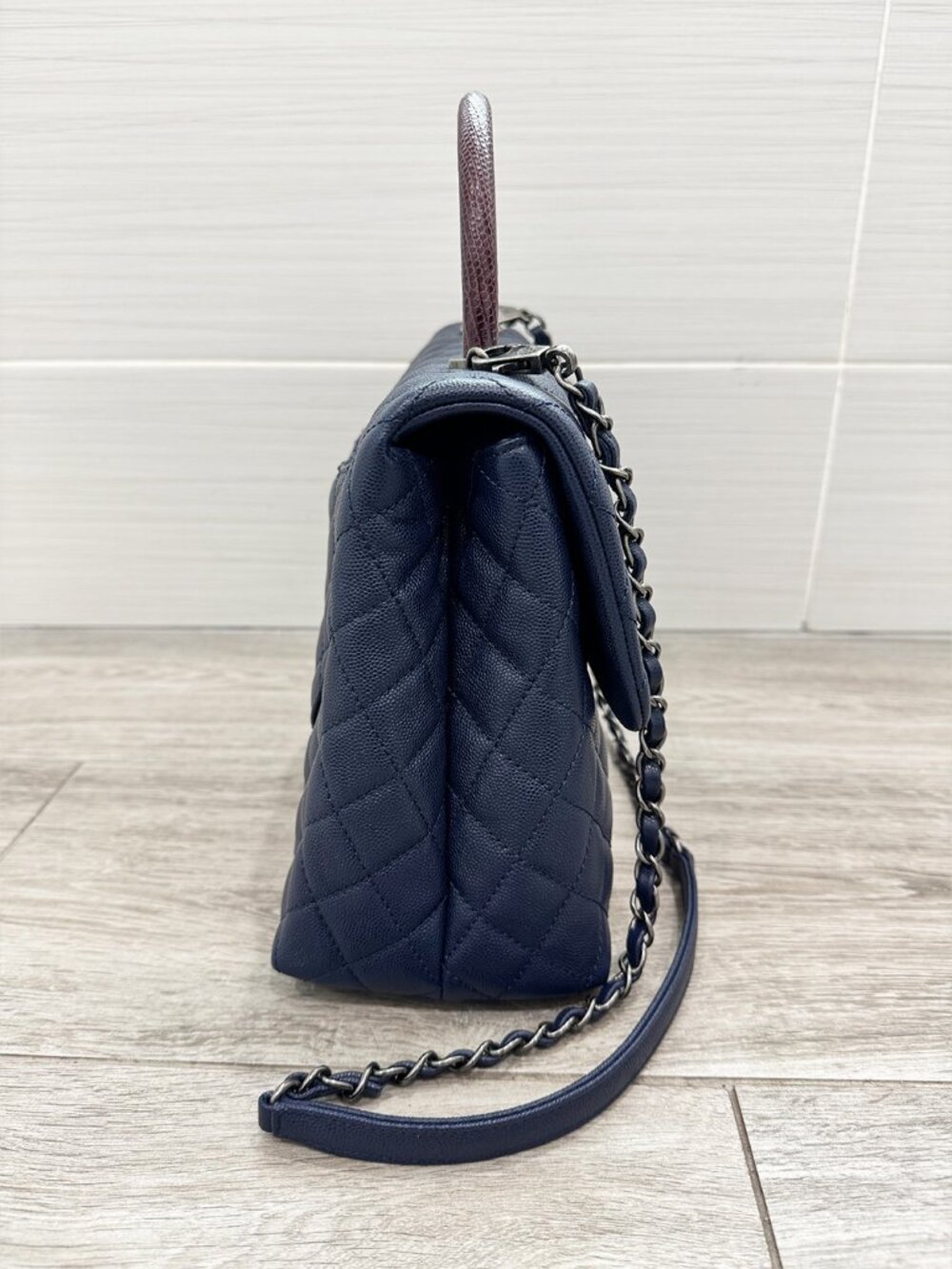 Like New Chanel Navy/Burgundy Quilted Caviar Leather Coco Lizard Handle Bag - Picture 4 of 13